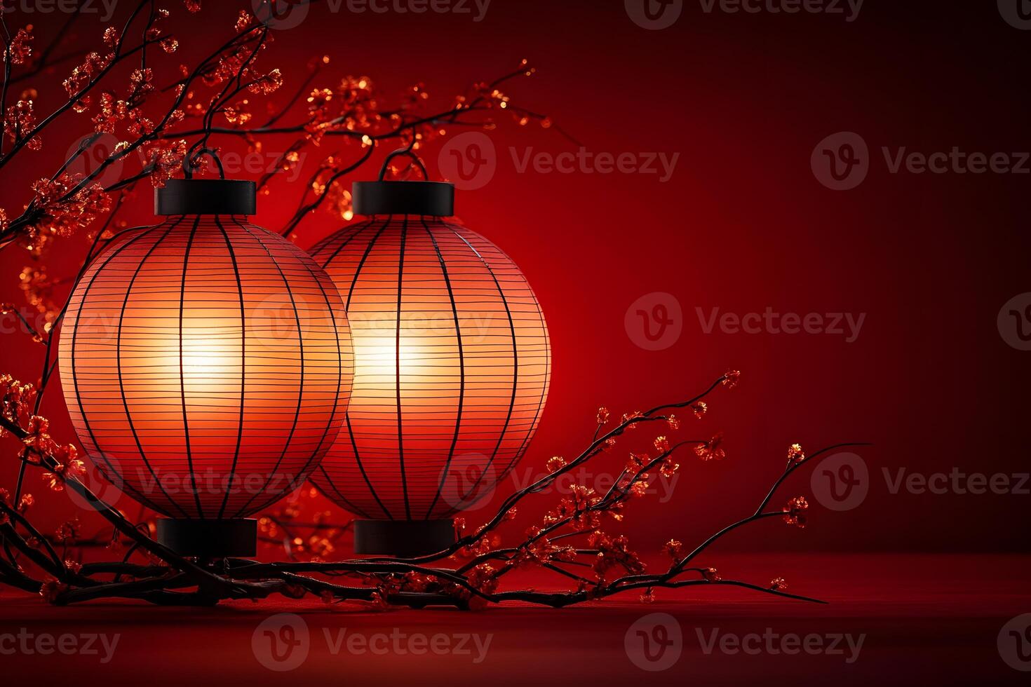 Traditional Lanterns Illuminated Amid Cherry Blossoms on Red Background photo