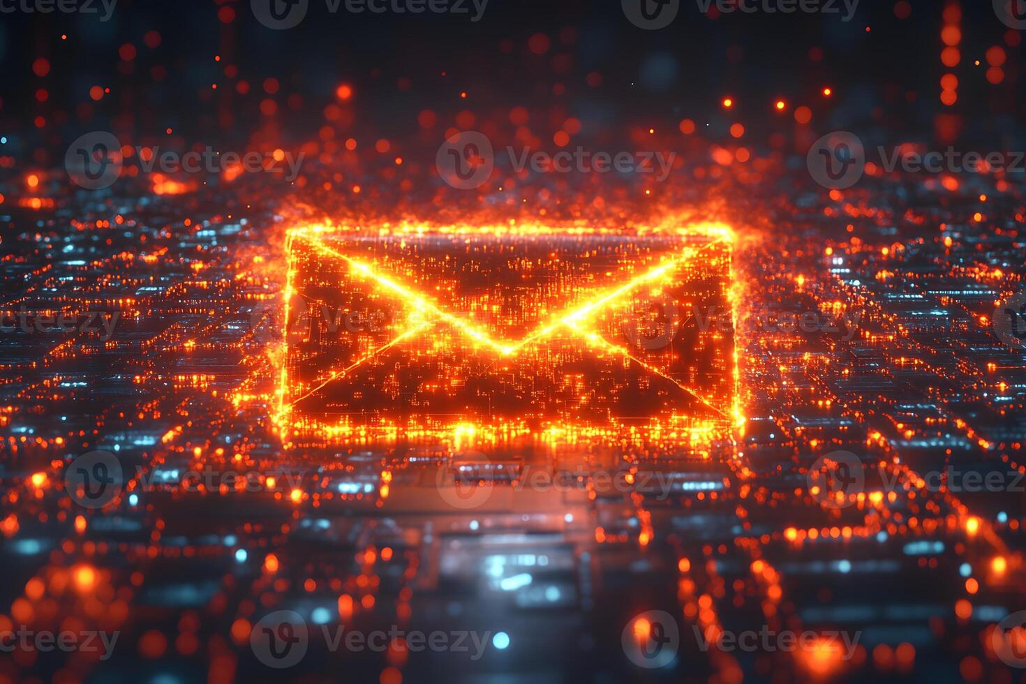 Digital Technology Email Icon on Futuristic Circuit Board Background for Marketing Design photo