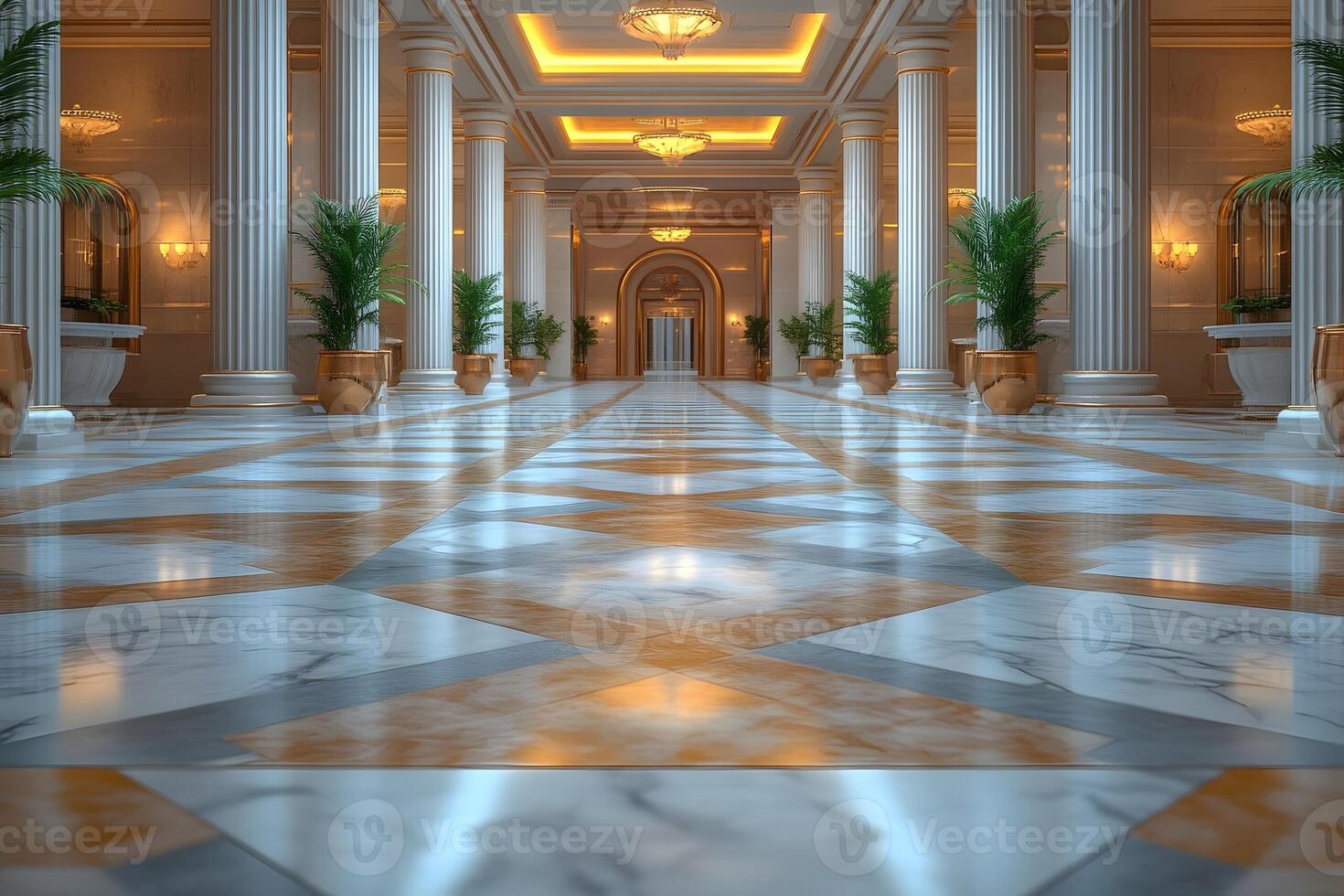 Luxurious Grand Entrance with Marble Floors and Elegant Columns for Architectural Design photo