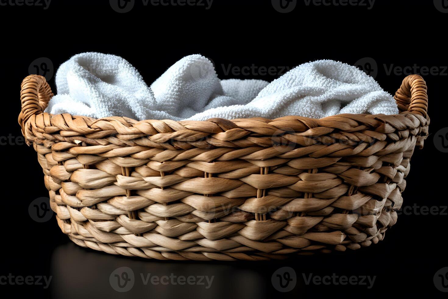 Woven Basket with White Towels Against Black Background for Spa and Home Decor photo