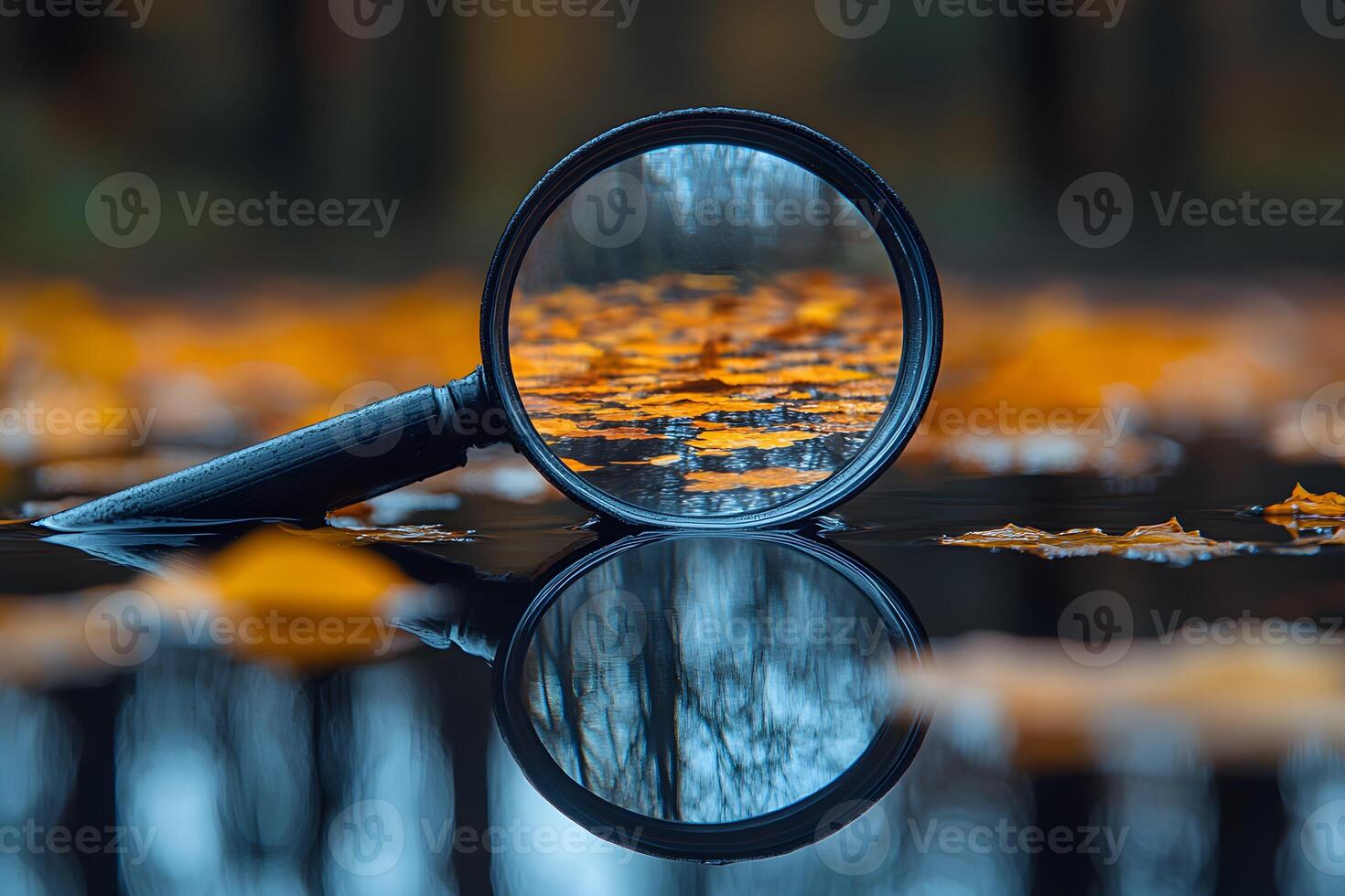 Autumn Reflection Through Magnifying Glass in Tranquil Water Scene photo
