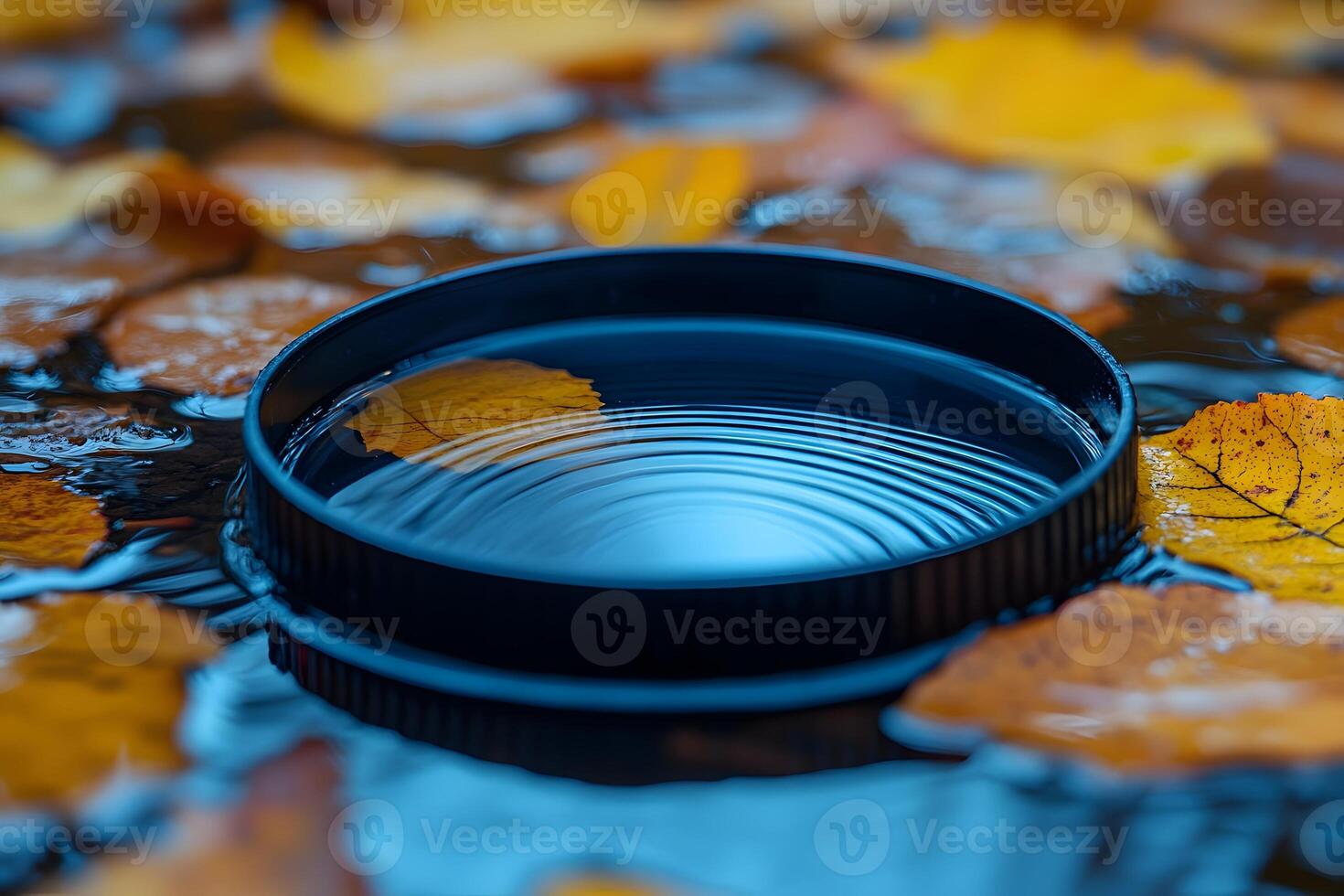 Autumn Reflections Lens Cap Surrounded by Vibrant Fall Leaves in Water photo
