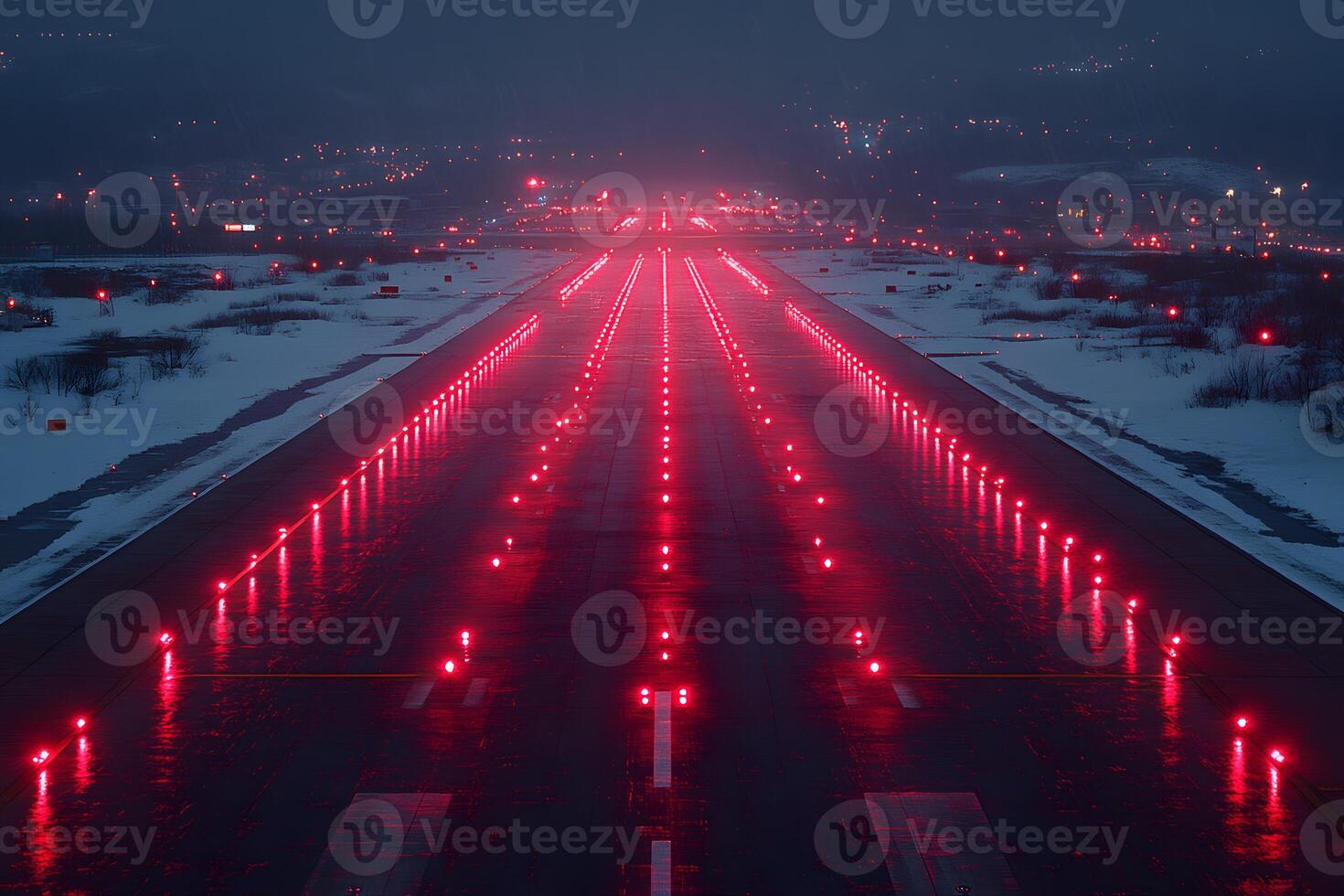 Illuminated Winter Airport Runway at Night with Red Lights for Safe Landing photo
