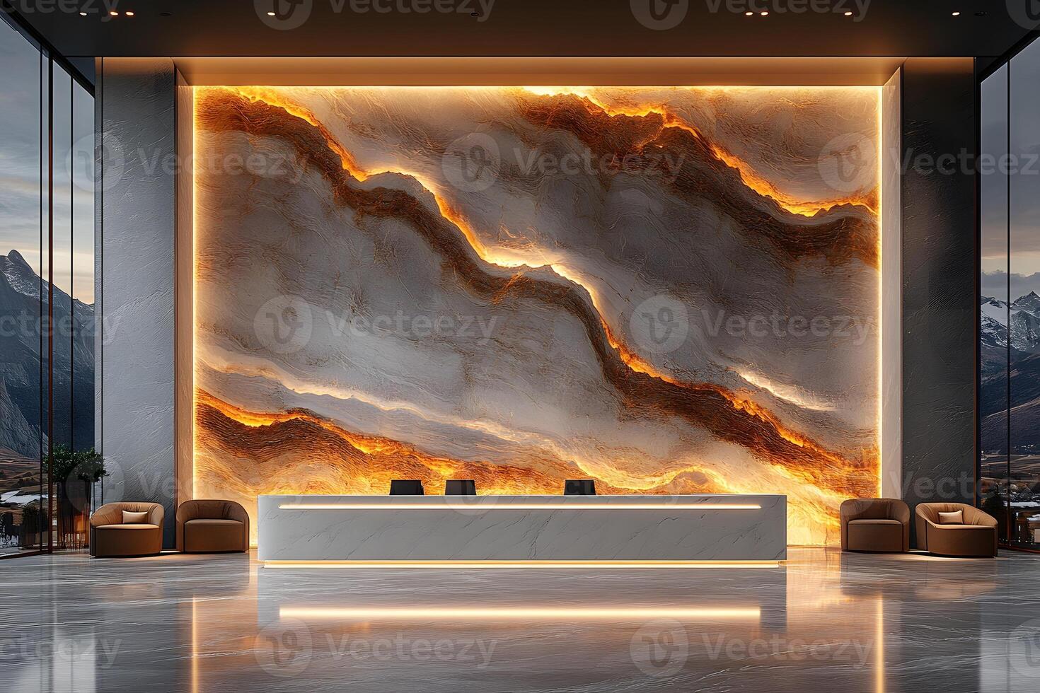 Modern Luxury Hotel Lobby with Illuminated Marble Feature Wall and Sleek Design photo