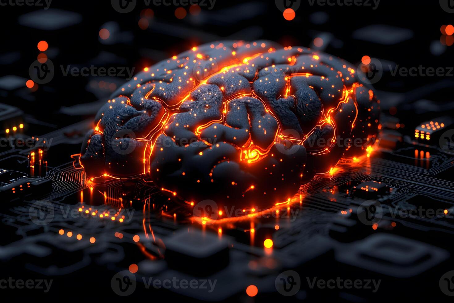 Artificial Intelligence Concept Glowing Digital Brain on Circuit Board for Technology Design photo