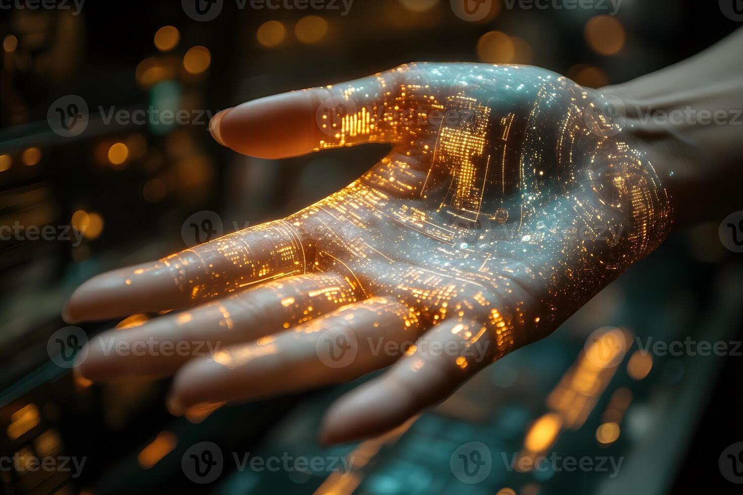 Futuristic Technology Concept with Illuminated Digital Interface Hand Design photo