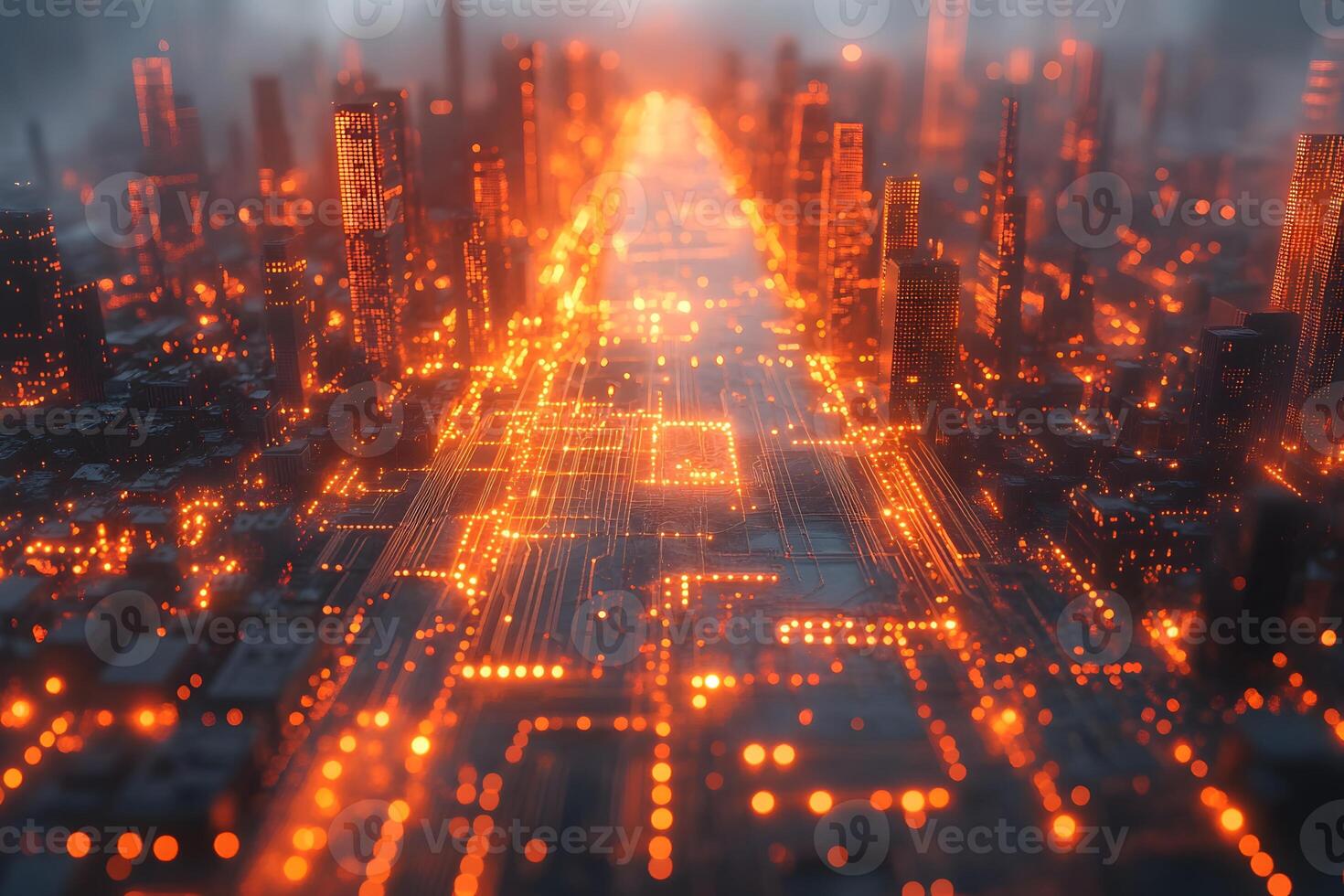 Futuristic Cityscape with Glowing Orange Light Patterns for Technology Design photo