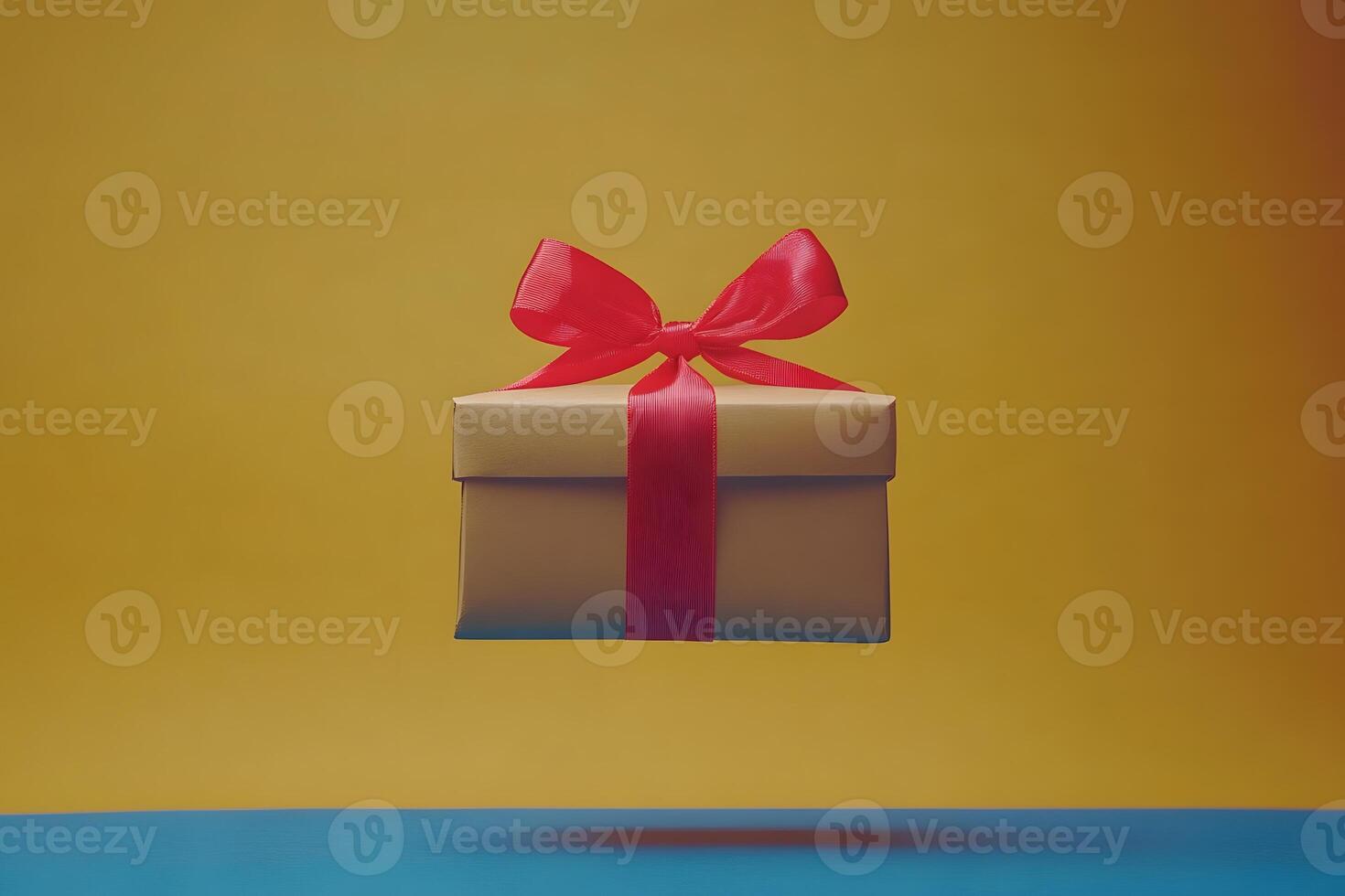 Floating Gift Box with Red Ribbon on Vibrant Yellow Background for Celebration Design photo