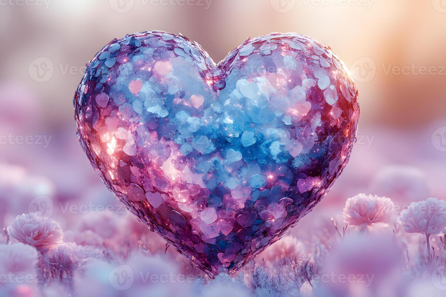 Glittering Heart with Blue and Pink Light in a Romantic Pastel Landscape photo