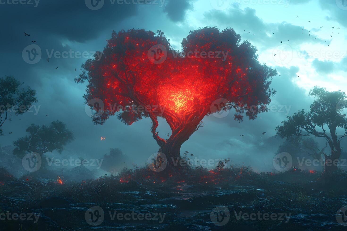 Heart-Shaped Tree in Mystical Landscape with Dramatic Stormy Sky photo