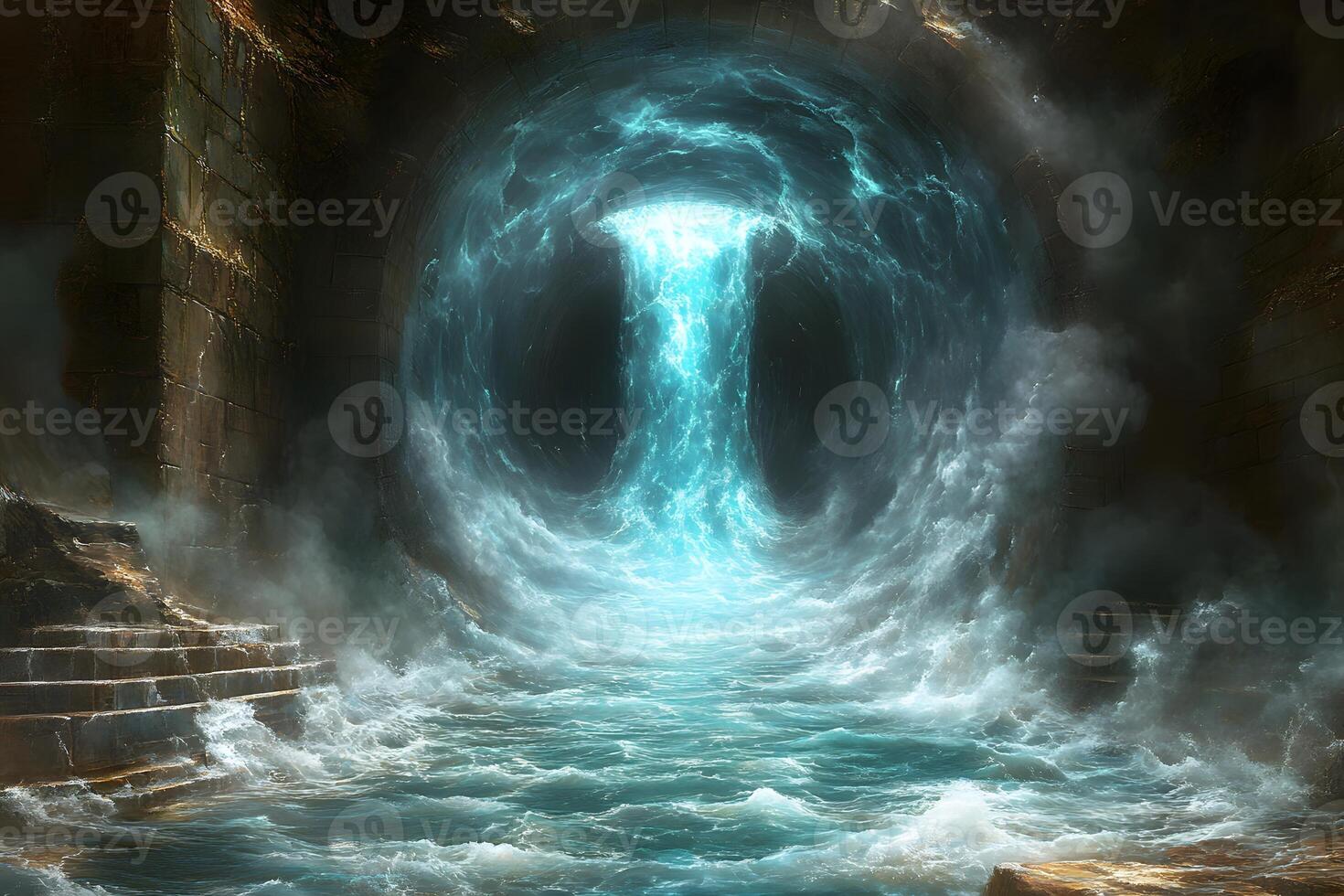 Mystical Waterfall in Mysterious Cave for Fantasy Adventure and Concept Art photo