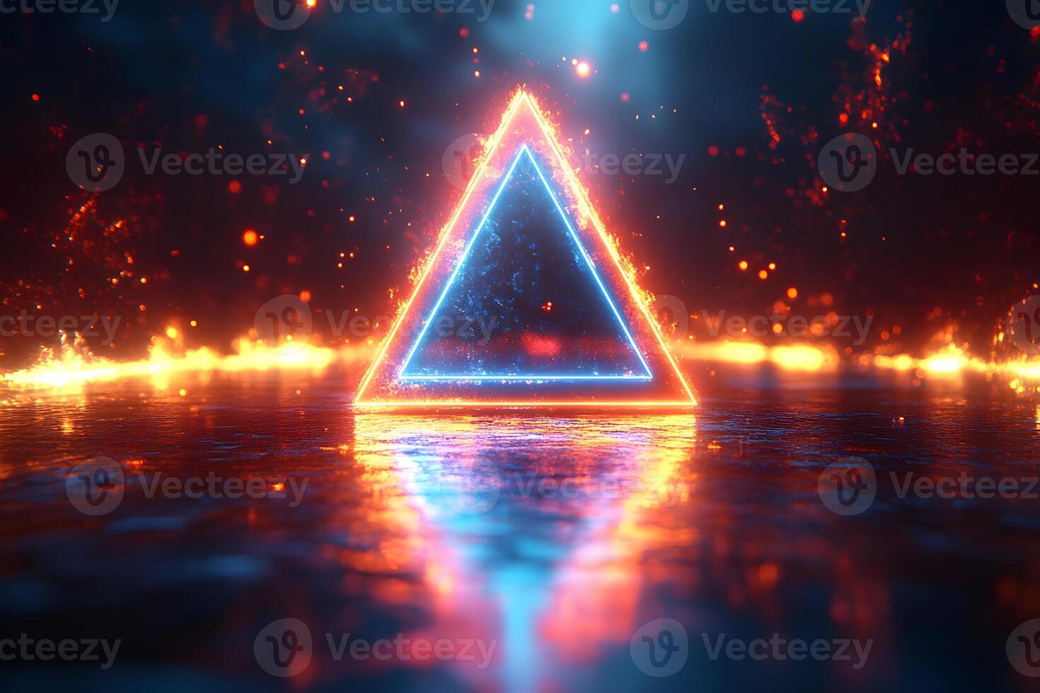 Neon Triangle with Fiery Glow on Reflective Surface for Futuristic Design photo