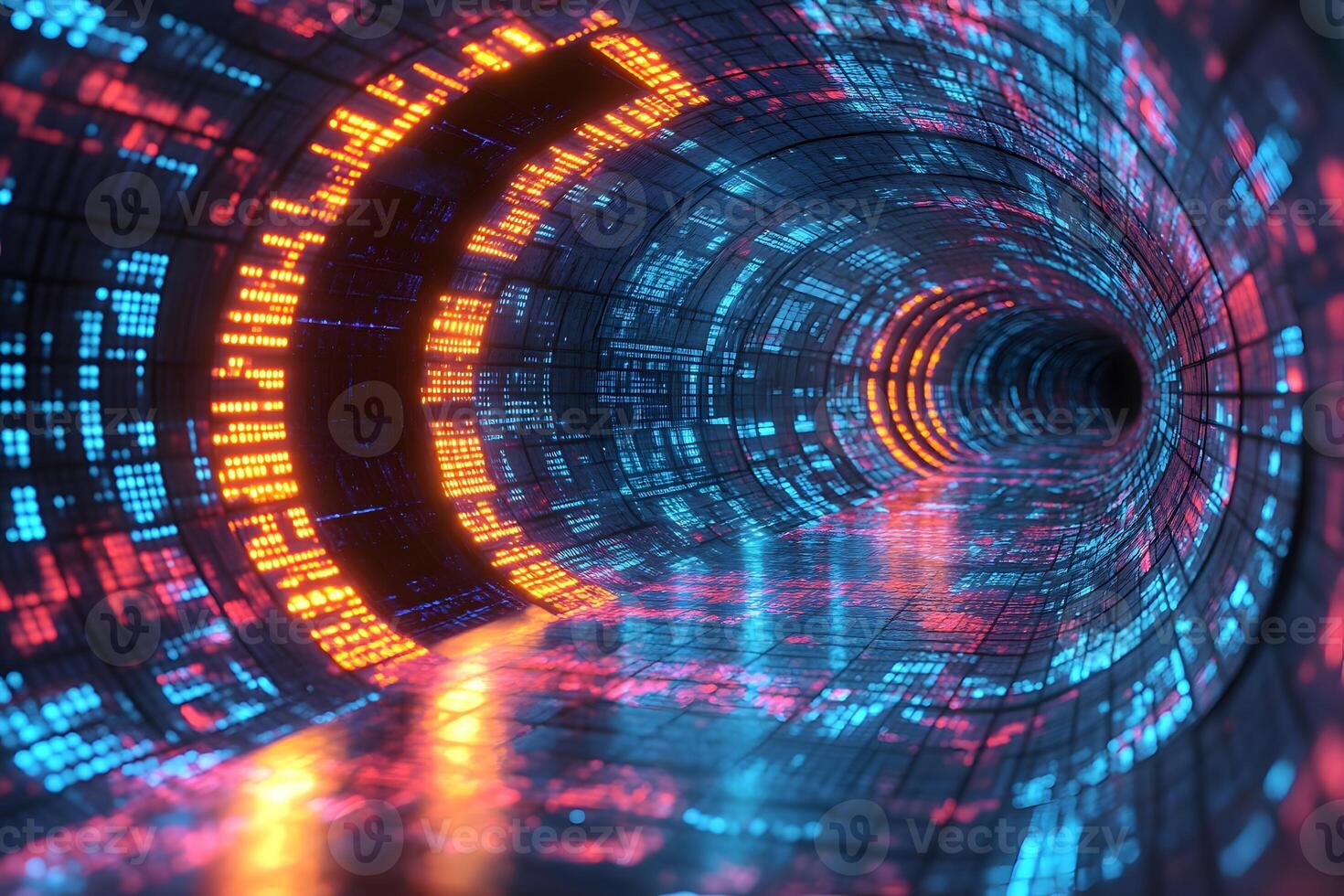 Futuristic Digital Tunnel With Neon Lights for Tech and Innovation Design photo