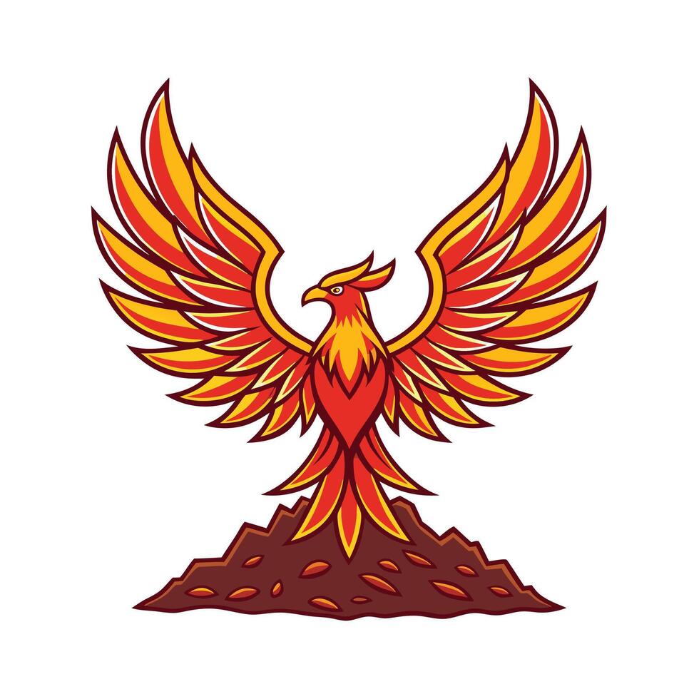 Fiery Phoenix Rising from Ashes Mythical Bird, Legendary Rebirth vector
