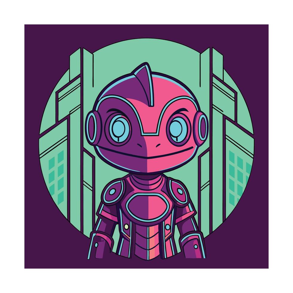 Futuristic Robot Frog in Neon Cityscape, Digital Art Illustration vector