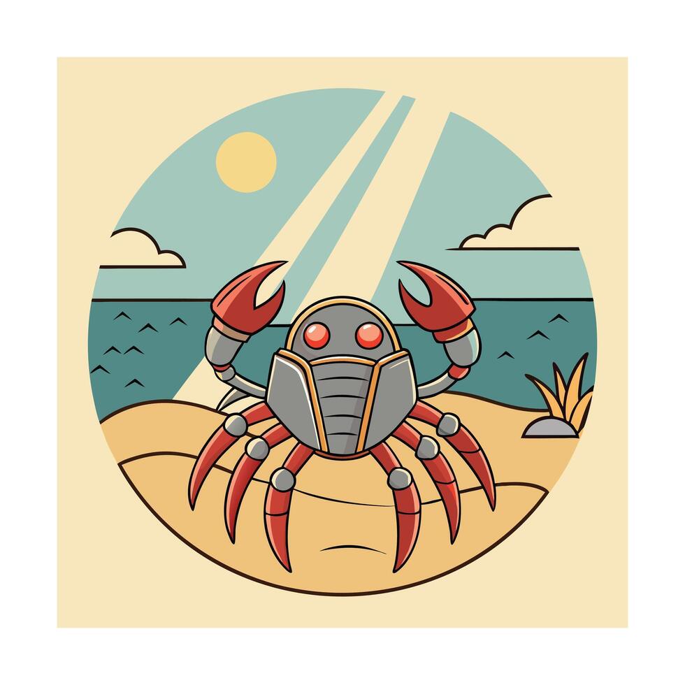 Robotic Crab Summer Beach Scene Retro Style Illustration vector