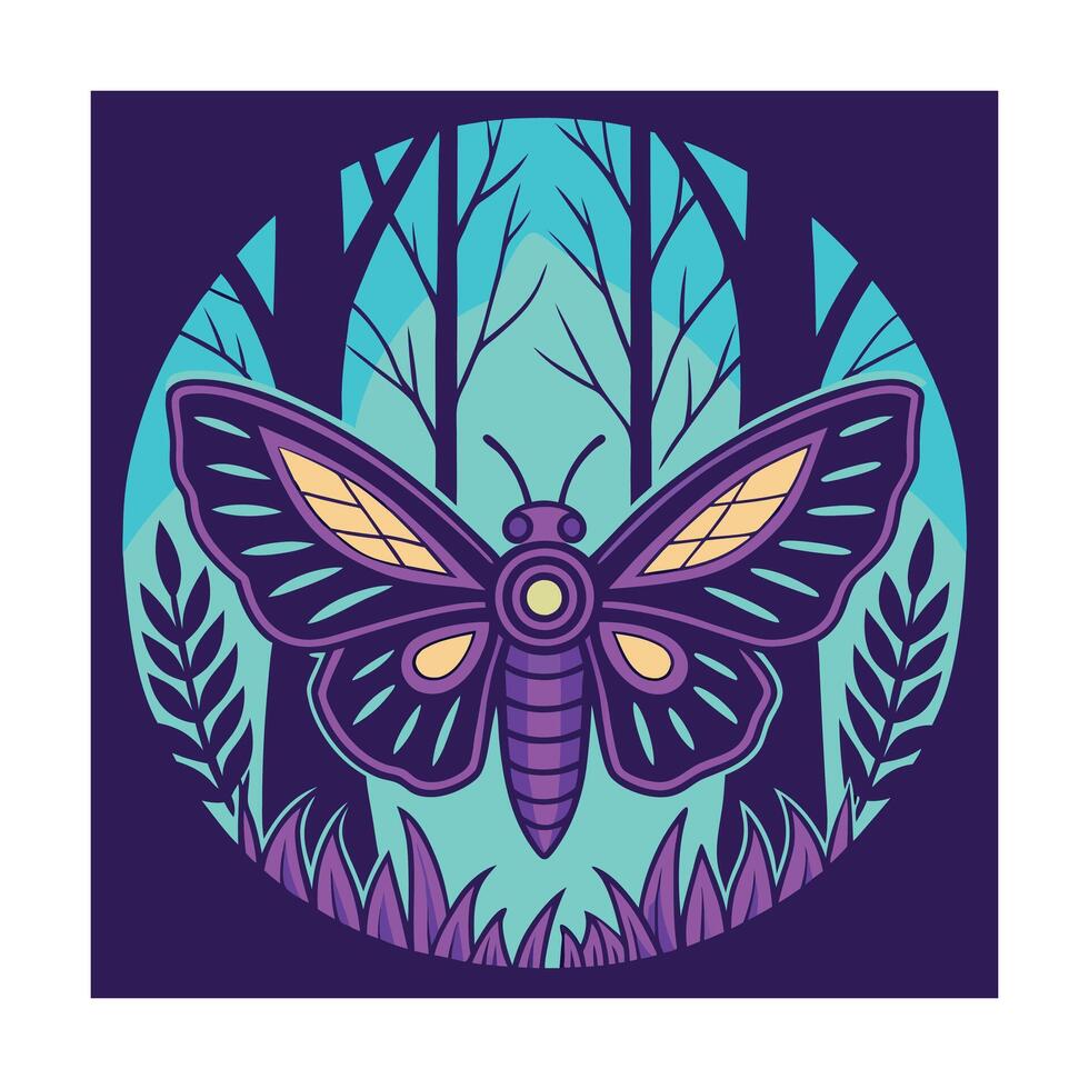 Vibrant Purple Butterfly in Mystical Forest Night Scene vector