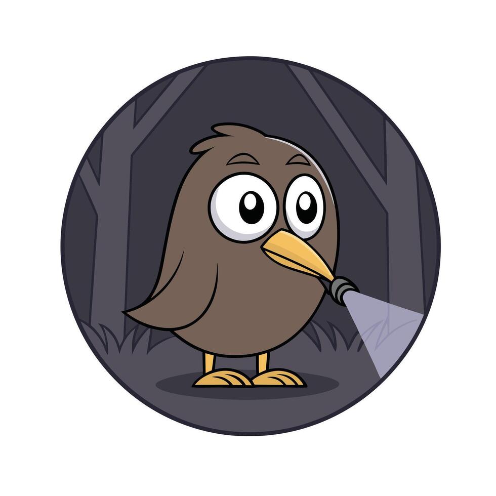 Cartoon Bird Night Forest Adventure Flashlight Dark Woods Exploration vector
