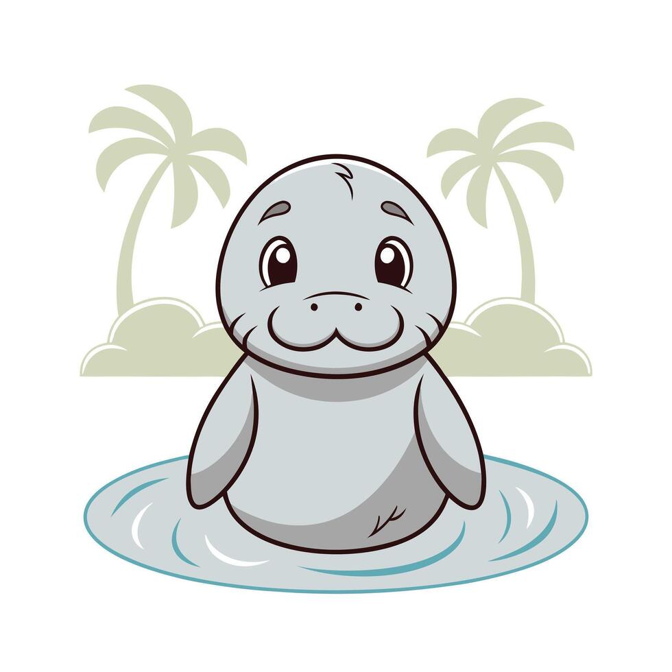 Adorable Cartoon Manatee in Tropical Paradise Cute Water Mammal vector