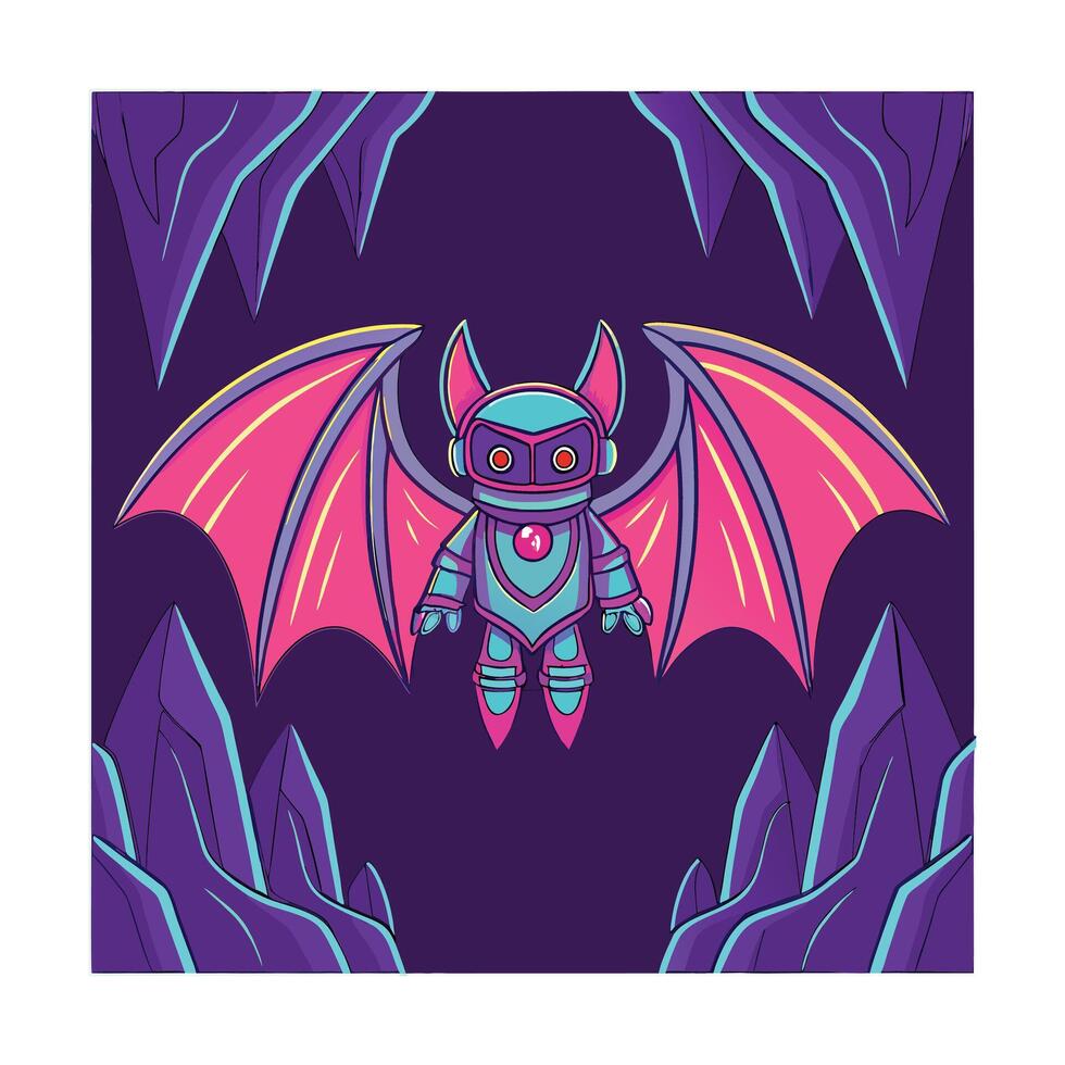 Cybernetic Bat Robot Soaring Through Neon Cave Crystals vector
