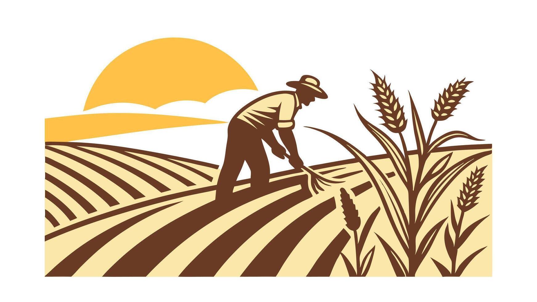 Farmer Working Sunset Wheat Field Agriculture Farming Rural Landscape vector
