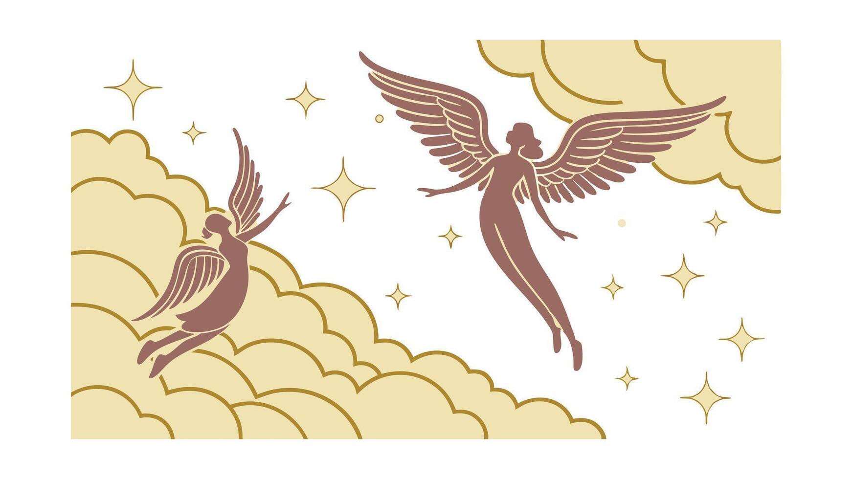 Angelic Figures Soaring Through Celestial Clouds and Stars vector
