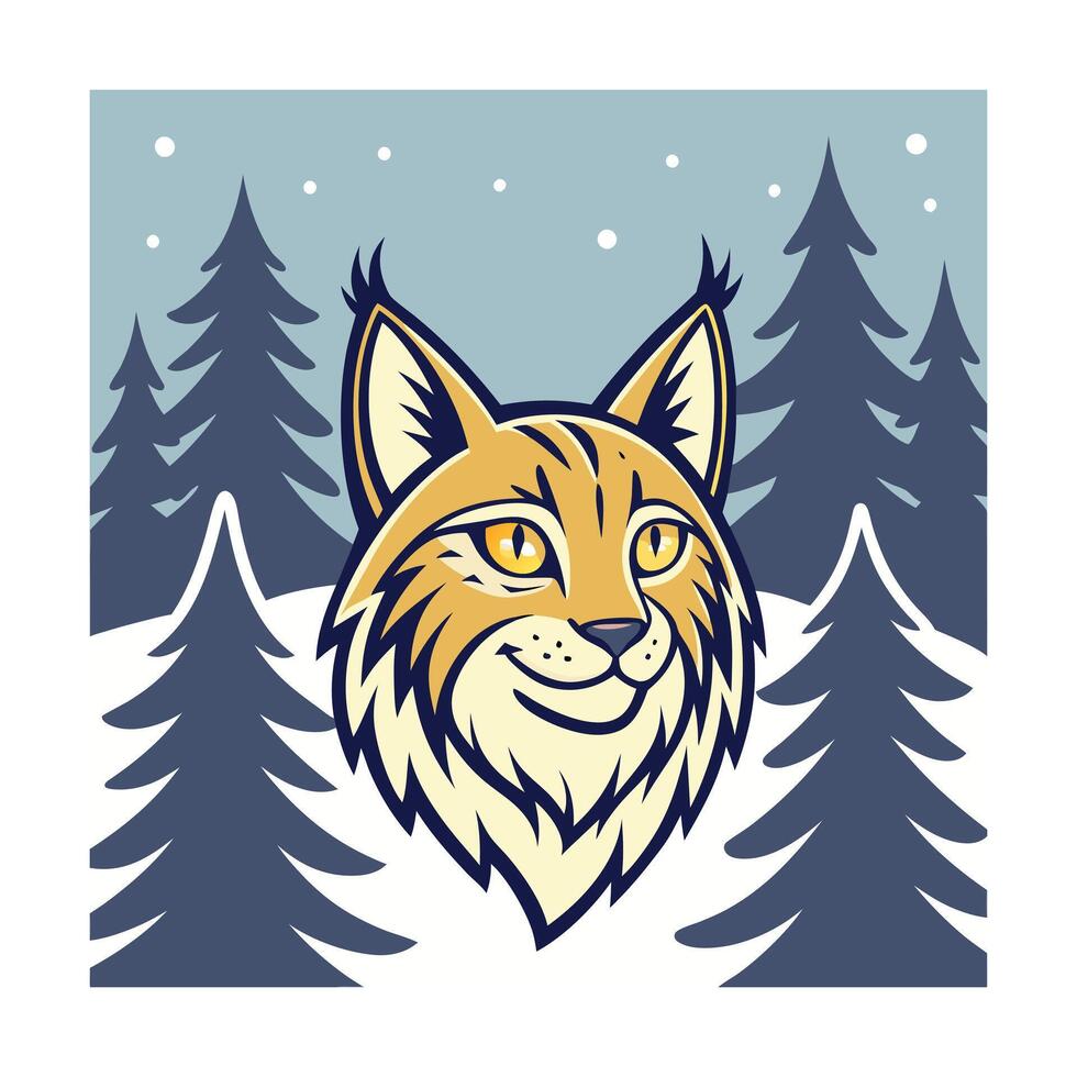 Smiling Lynx Winter Forest Snow Scene Cartoon Wildlife Art vector