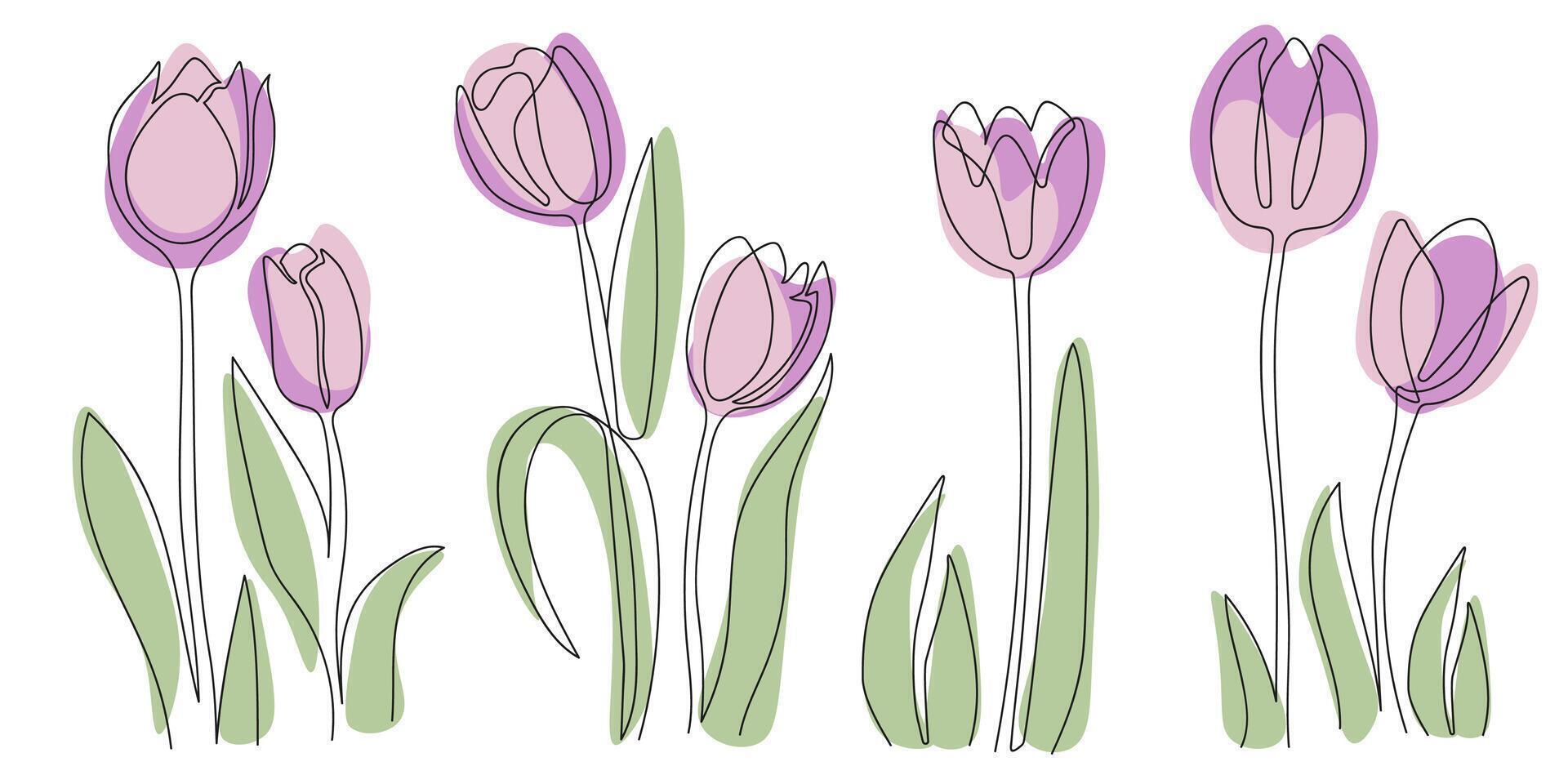 Big set of purple tulips in modern one line art style. Elegant floral illustration vector