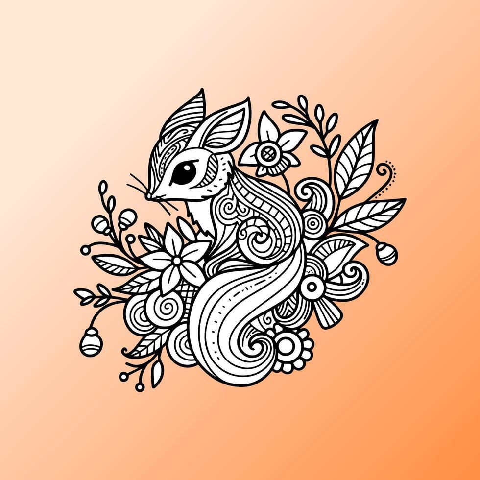 Detailed illustration of a whimsical fox surrounded by flowers and leaves on an orange background vector