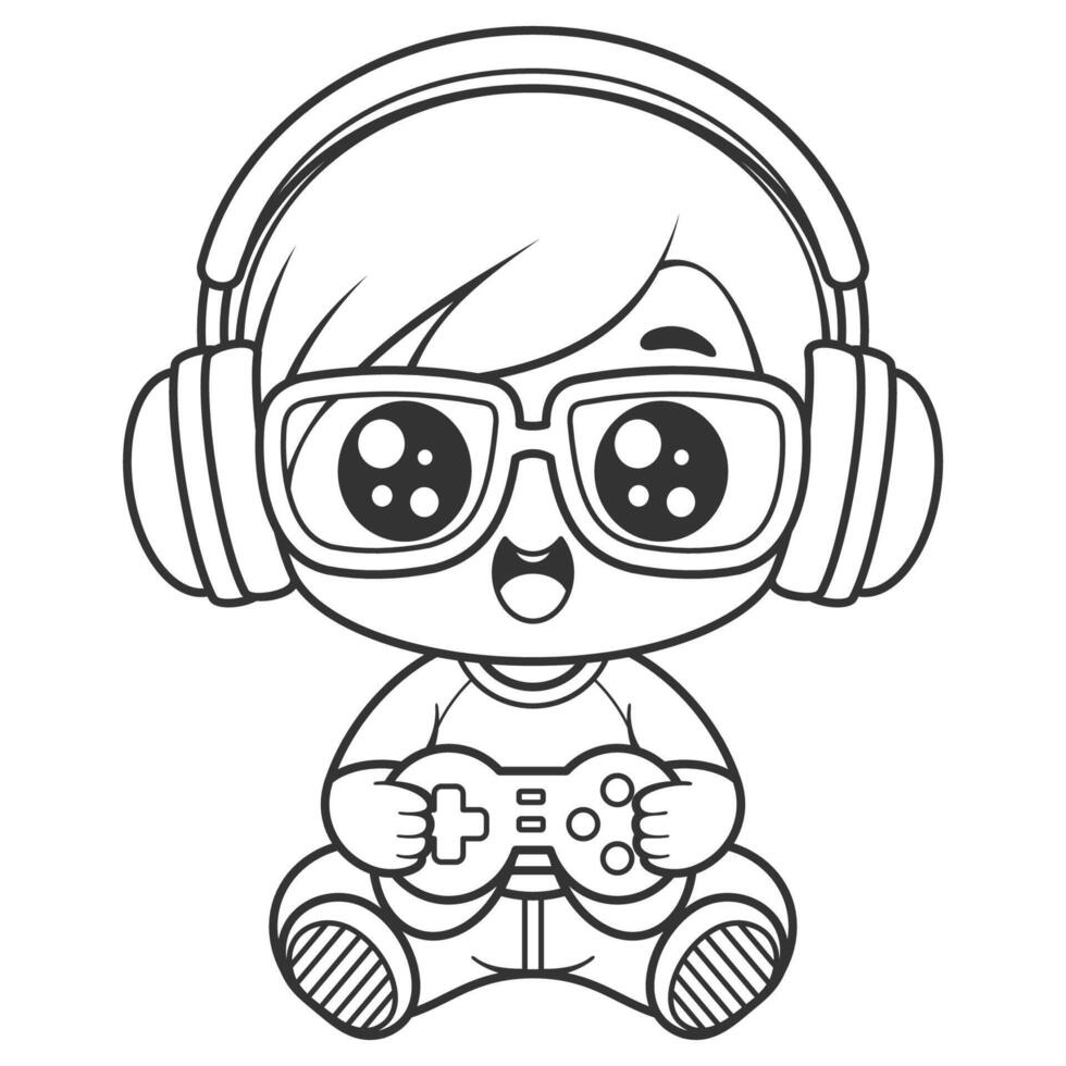 Boy wearing headphones and playing games, for coloring vector
