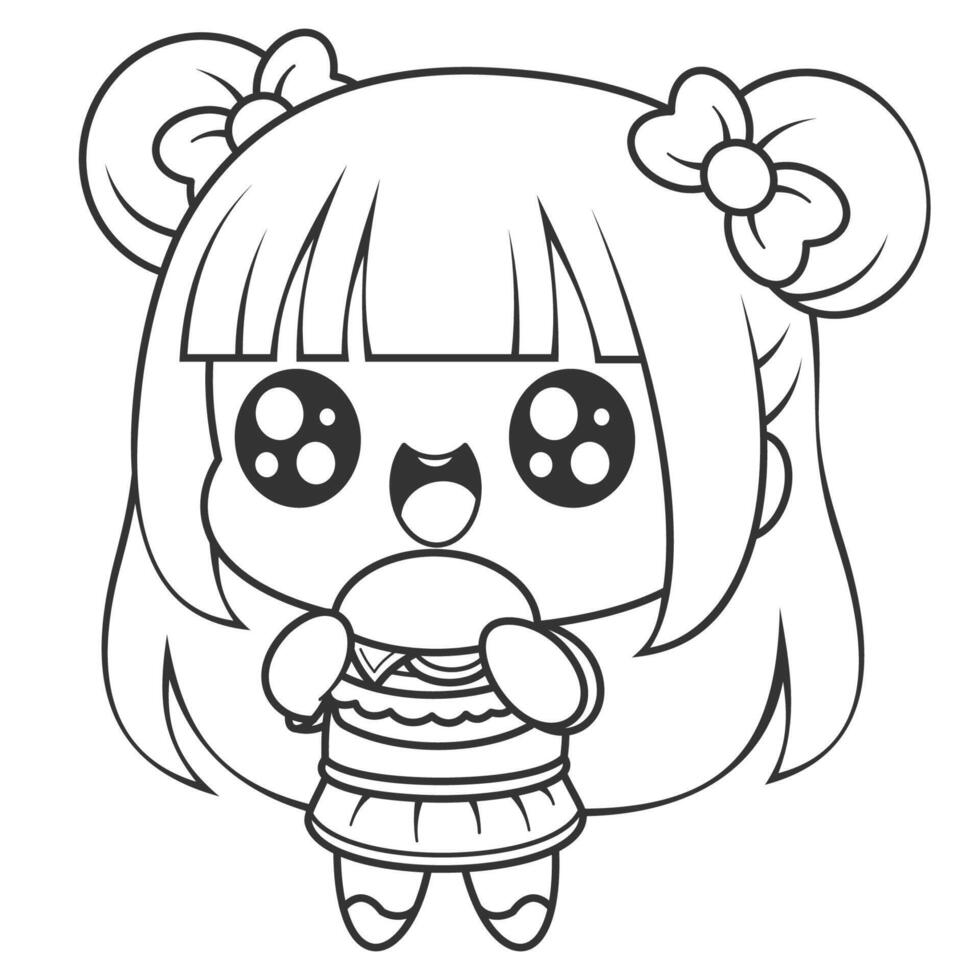 Beautiful long haired girl eating a burger, for coloring vector