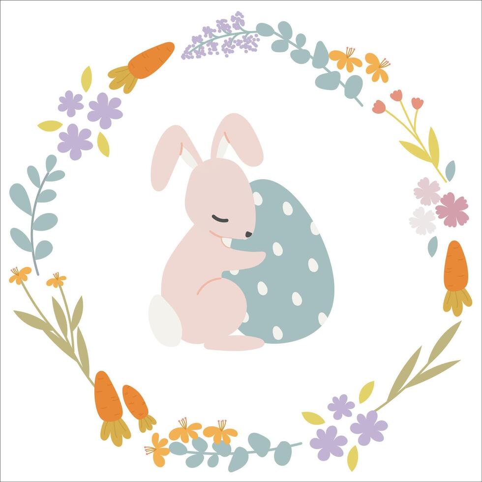 Easter bunny with egg, framed with flowers, grass and carrots. For poster, card, scrapbooking , stickers. vector