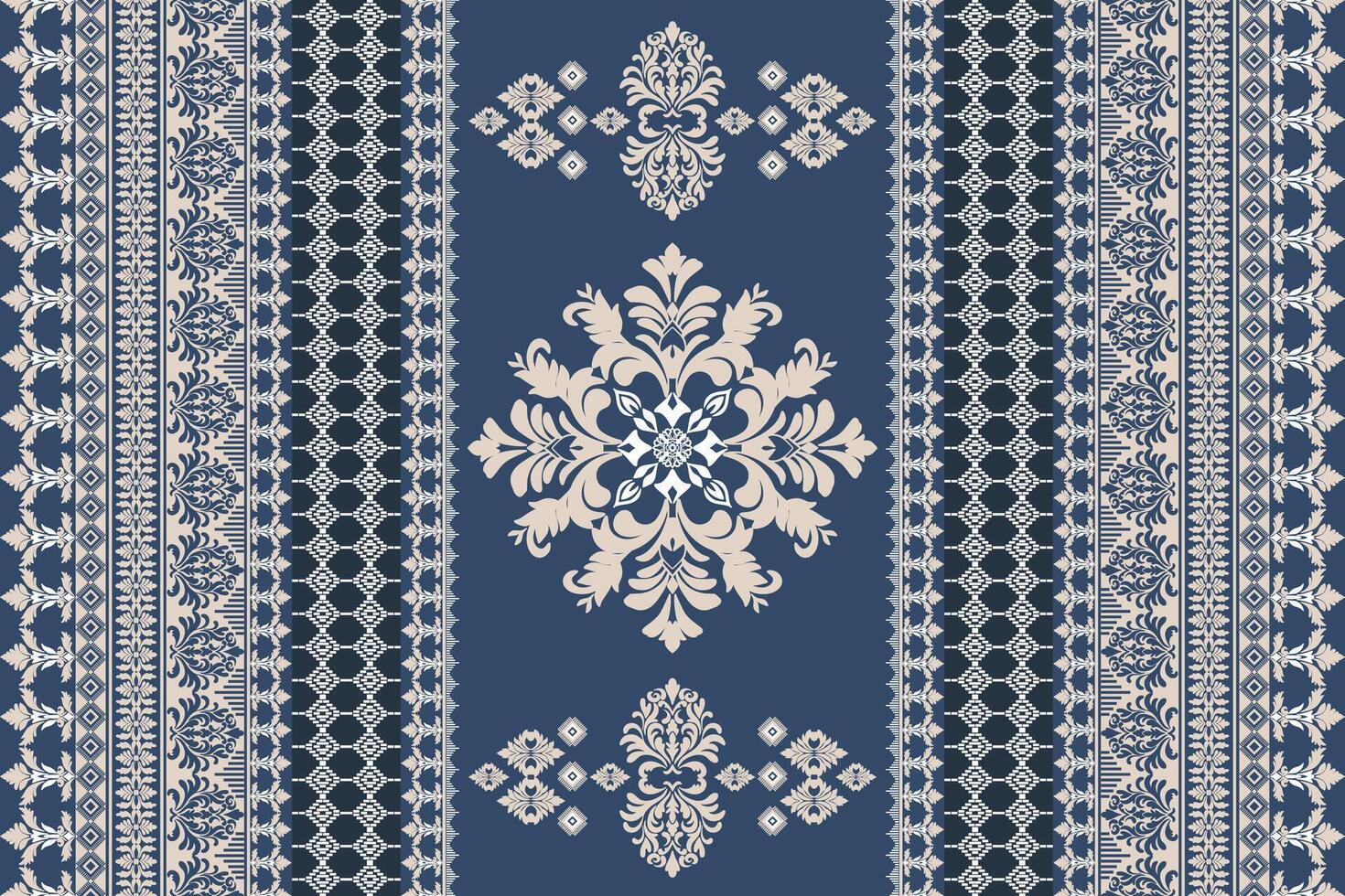Seamless white and gold floral damask shape with geometric ethnic tradition pattern texture on pastel navy blue background vector