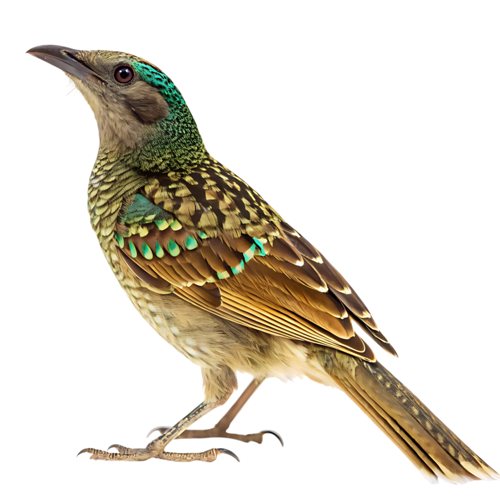 A bowerbird perched with its vivid green head and yellow feathers, standing out against a Transparent background in a sharp, detailed shot png