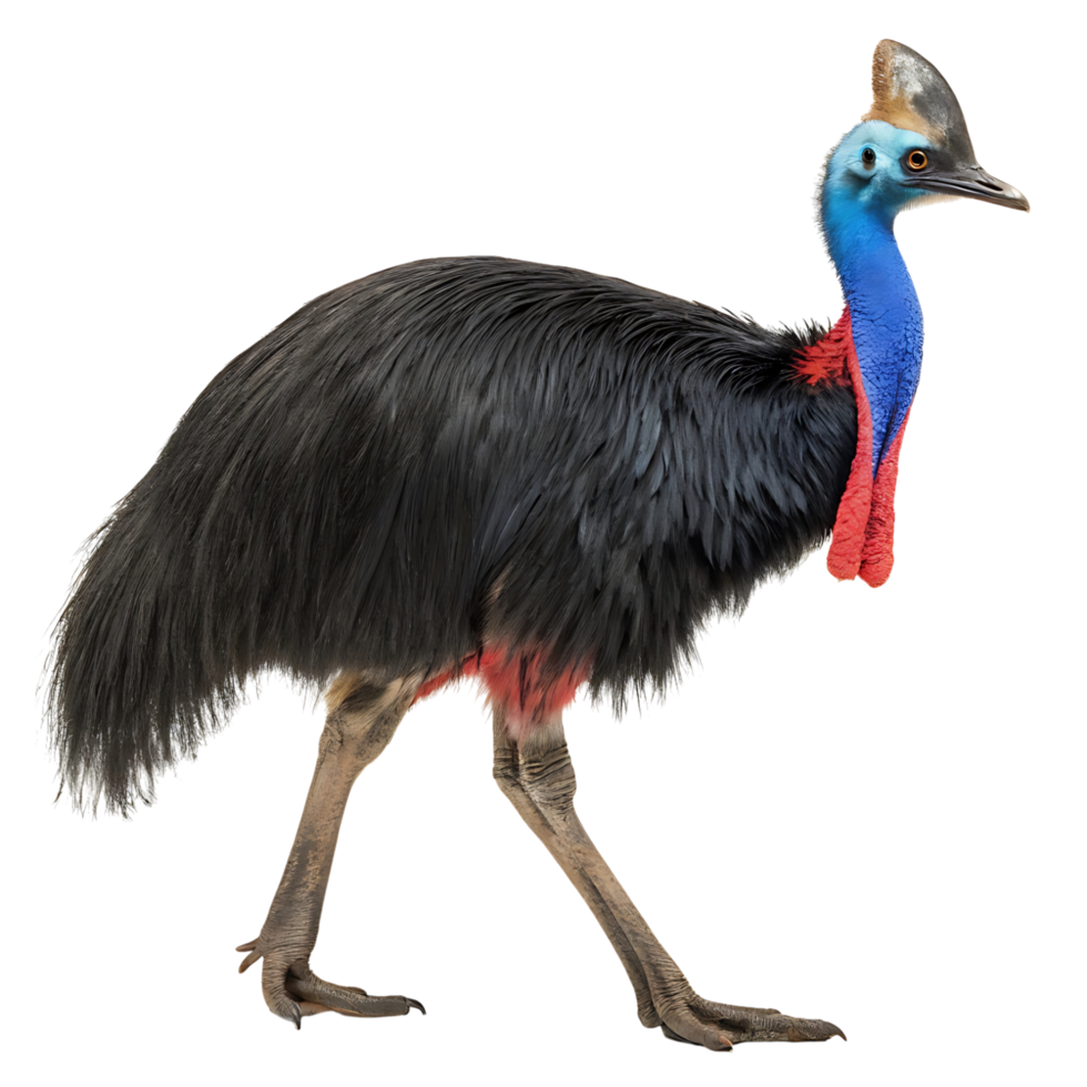 A large, colorful cassowary bird walking gracefully on a Transparent background, showcasing its vibrant blue, red, and black plumage png