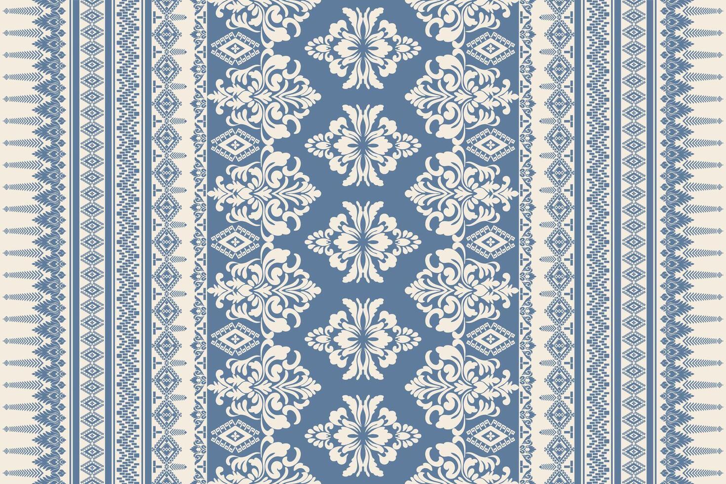 Seamless bright yellow floral damask shape with geometric ethnic tradition pattern texture on pastel blue background vector