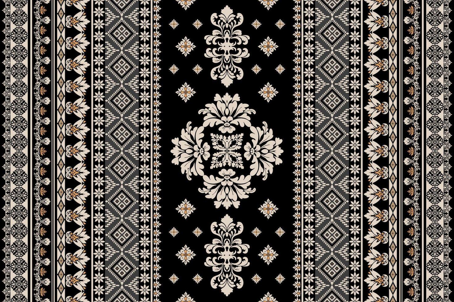 Seamless gold and white floral damask tracery shape with geometric ethnic tradition pattern texture on black and grey background vector