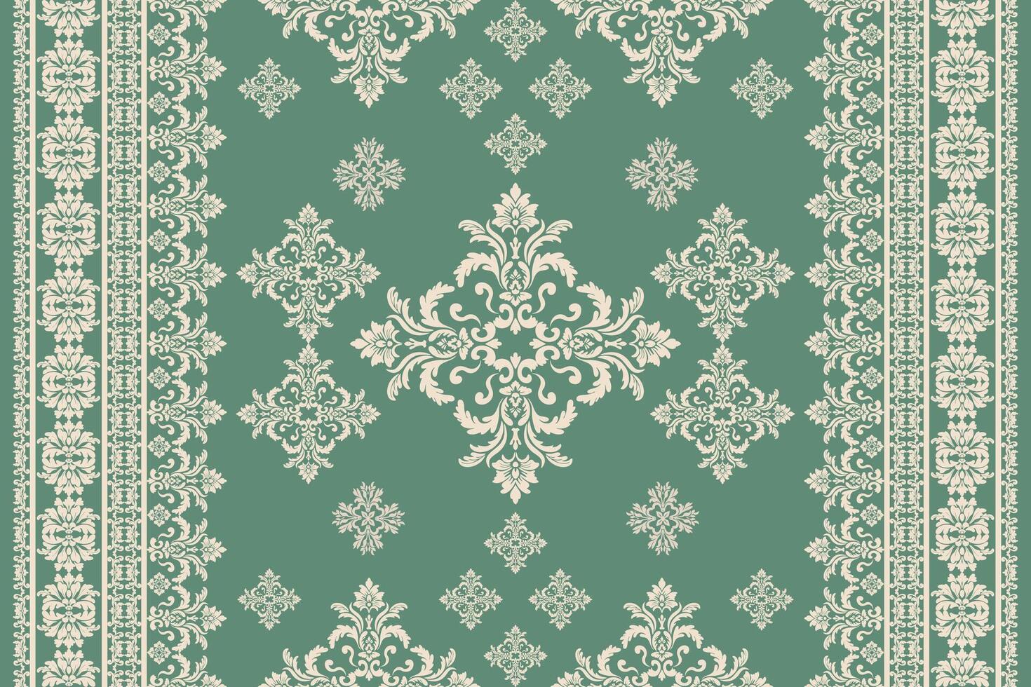Seamless gold and yellow floral damask tracery shape with geometric ethnic tradition pattern texture for fabric and textile on pastel green background vector