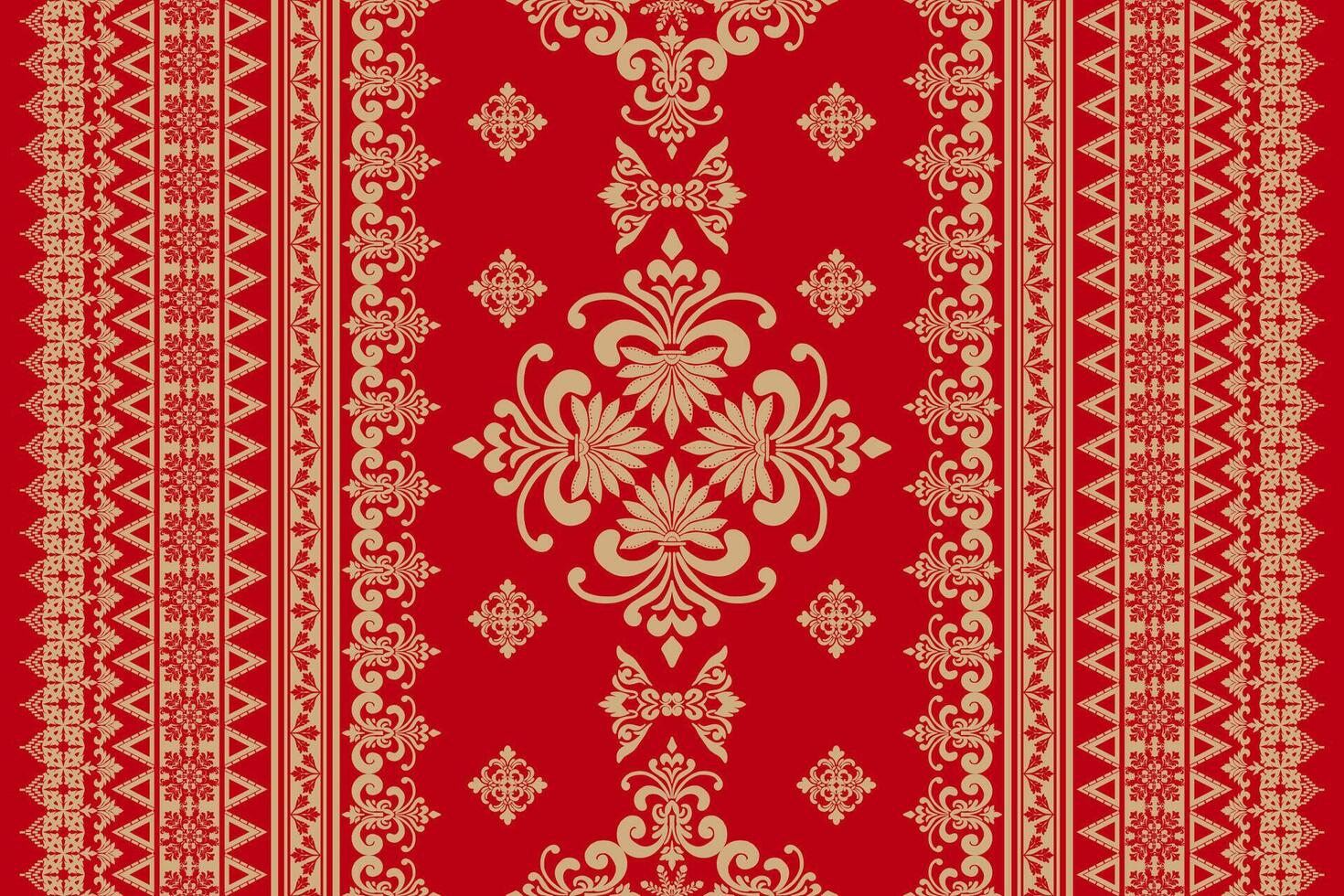 Seamless gold floral damask tracery shape with geometric ethnic tradition pattern texture for fabric and textile on red and grey background vector