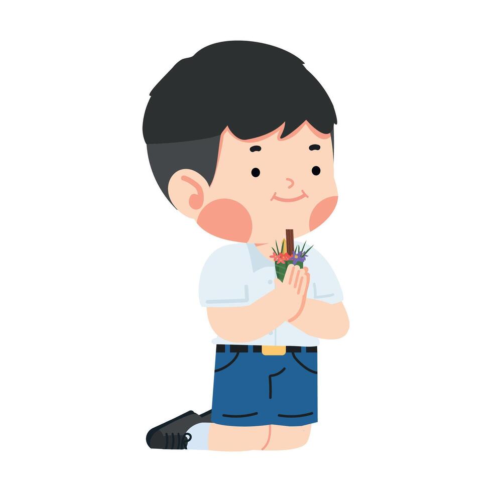 Kid is praying while sitting on the floor cartoon vector
