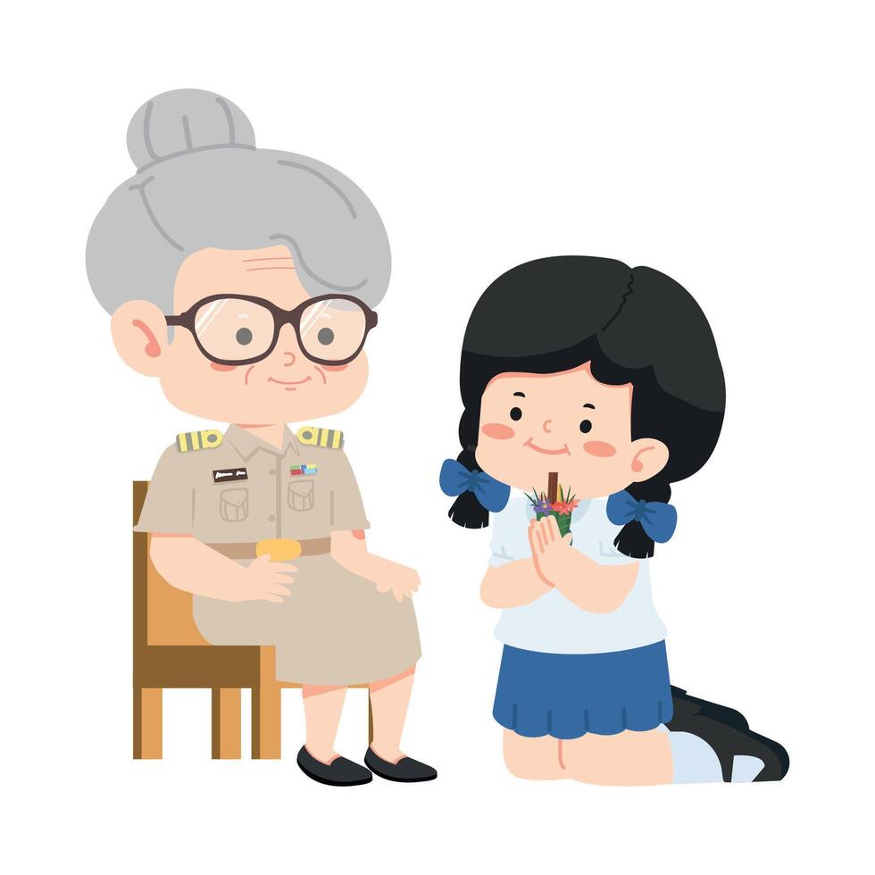 girl is paying respect to the teacher vector