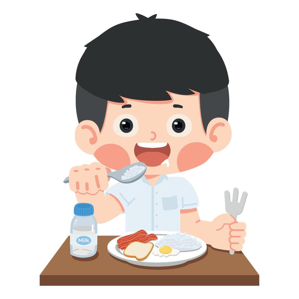 child is scooping rice to eat vector