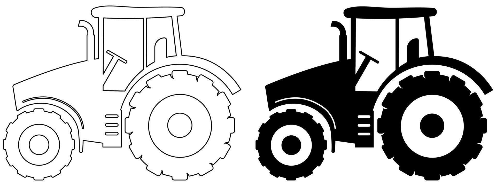 Tractor icon in silhouette and outline versions, Agricultural farm machinery vehicle graphic element vector
