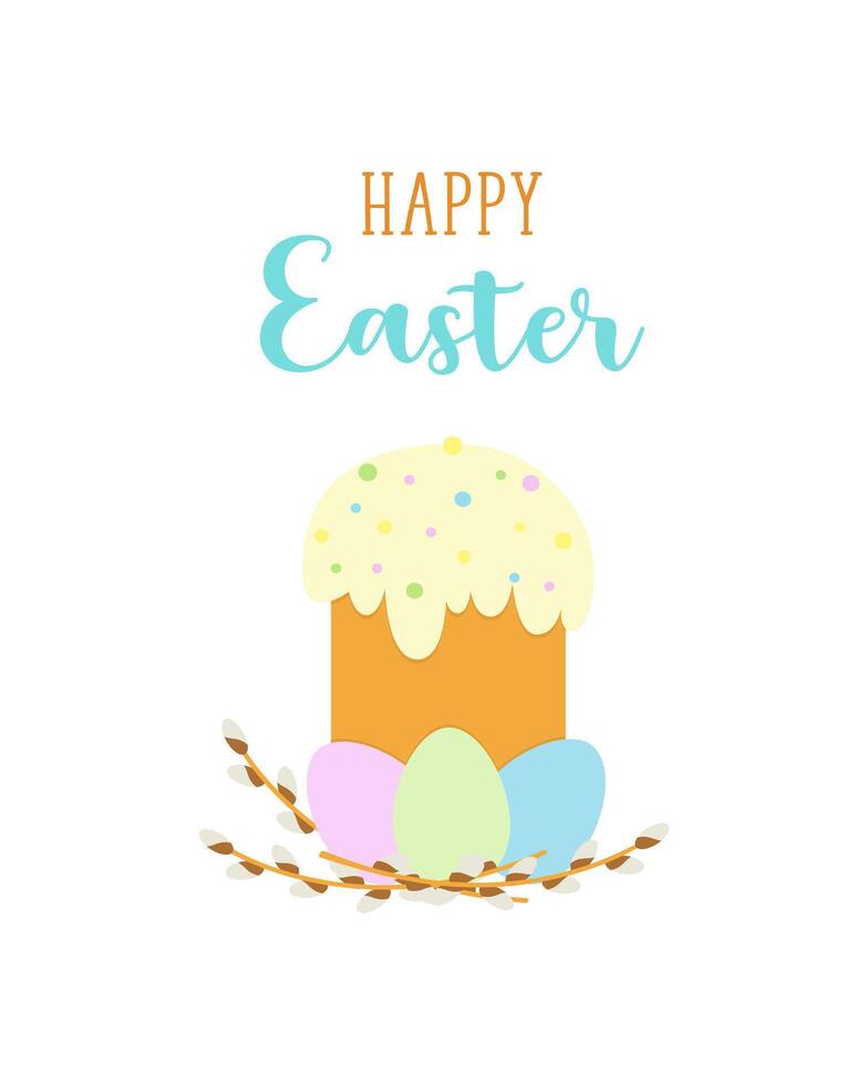 Happy Easter card , cake with willow branches and colored eggs, festive Easter design element, isolated on white background. vector