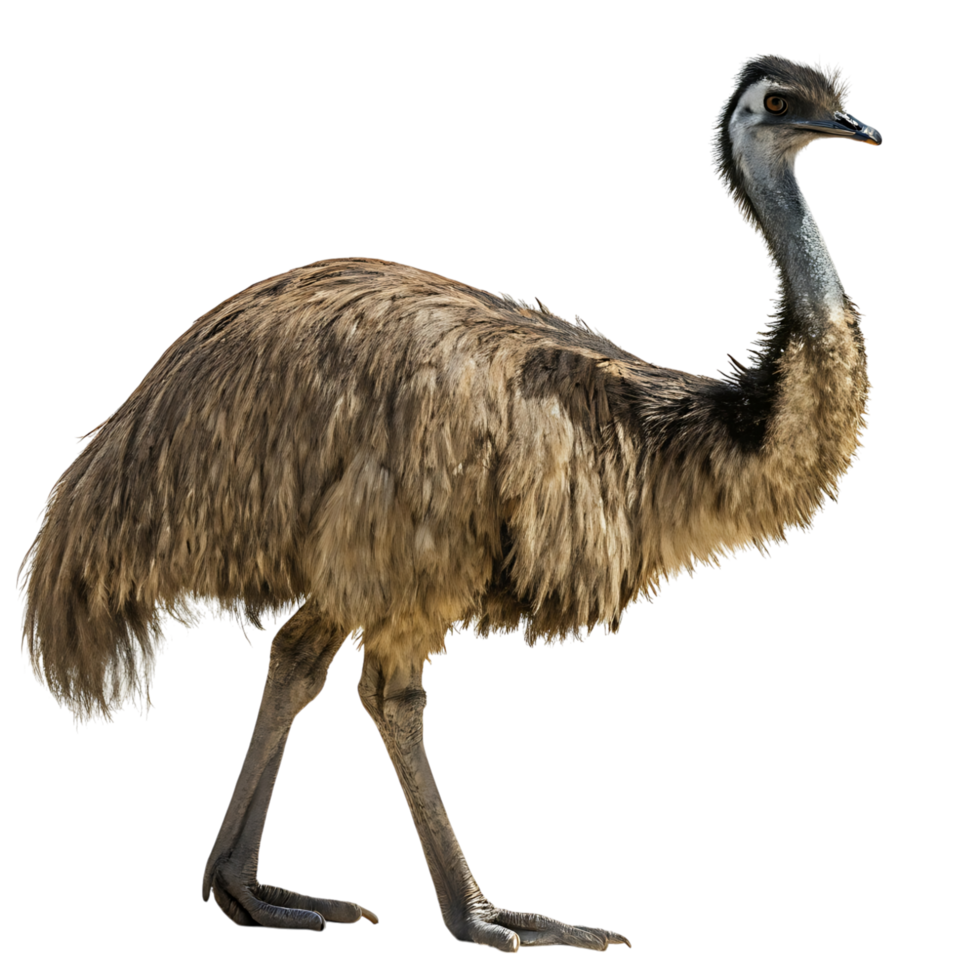 Emu bird captured walking gracefully, showcasing its strong legs and distinct feather texture, isolated against a clean Transparent background png