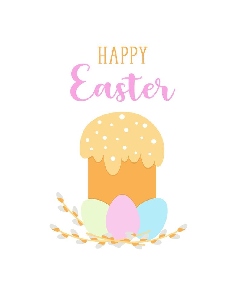 Card Happy Easter with pink lettering , cake with willow branches and colored eggs, festive Easter design. vector