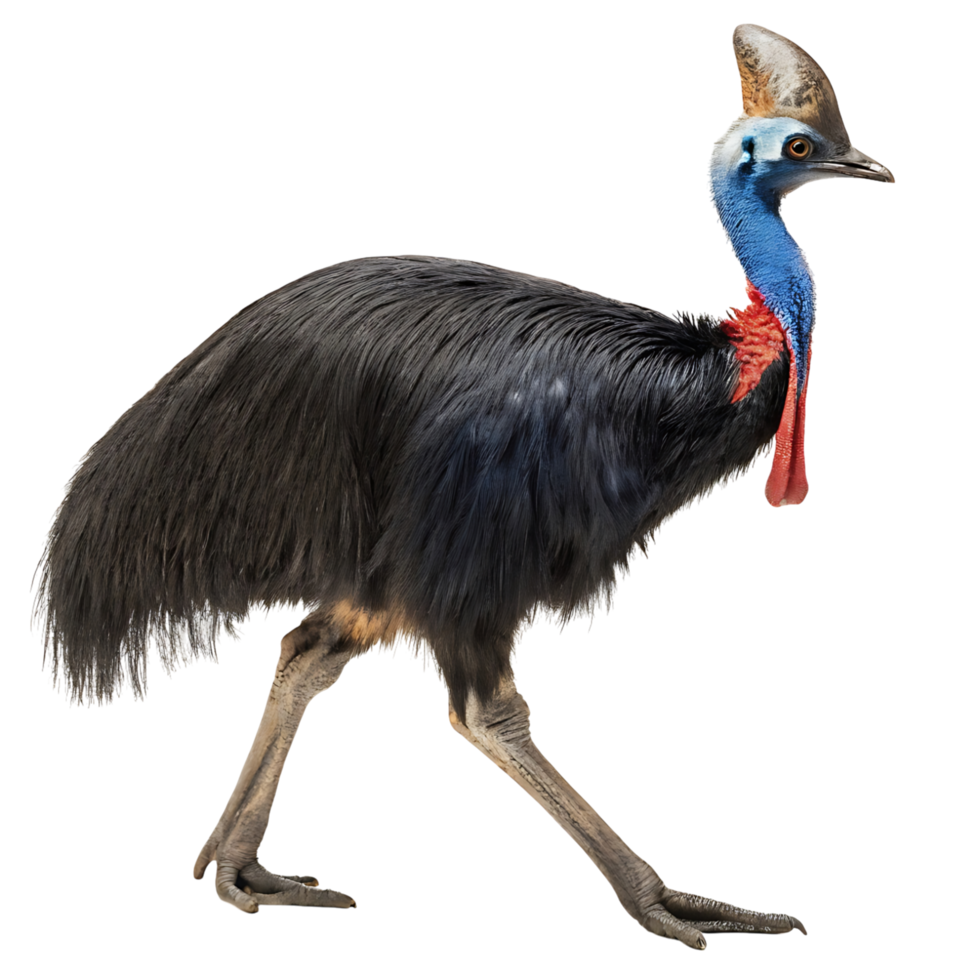 cassowary bird with a distinctive helmet like crown, walking in its natural stride, set against a Transparent background png