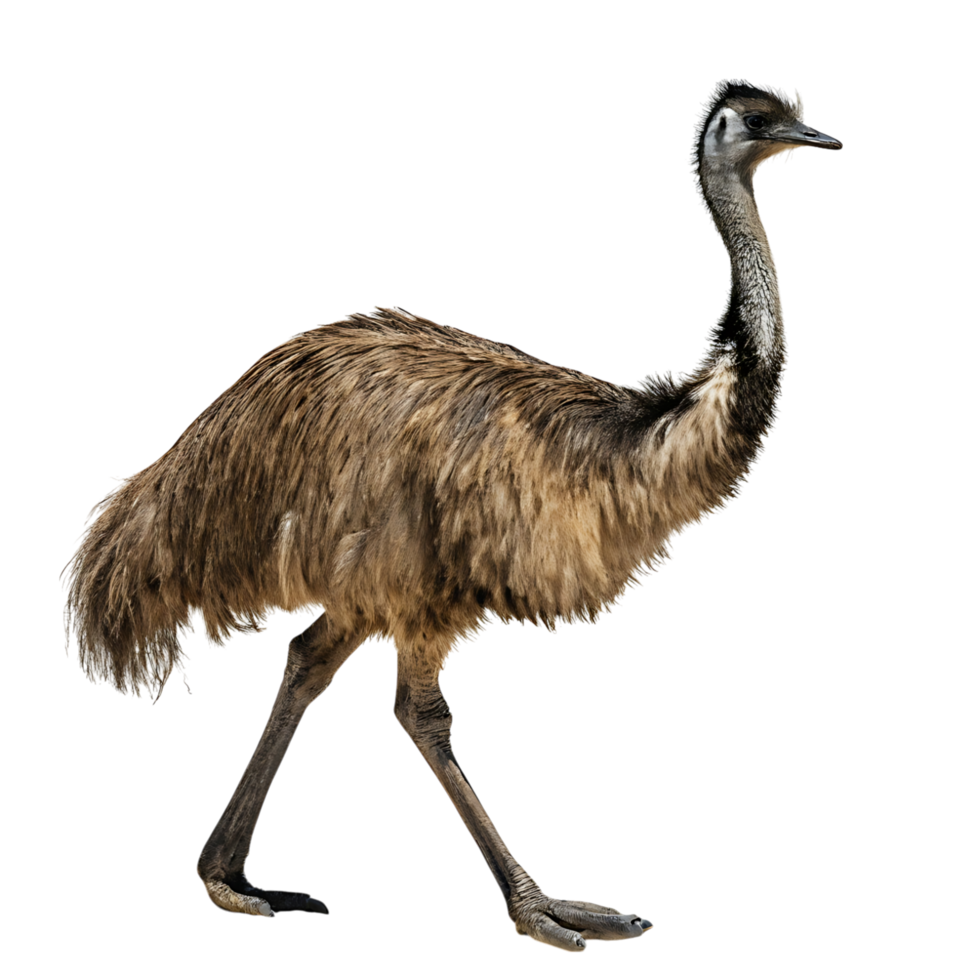 Emu bird walking confidently across a bright, minimalist Transparent background showcasing its tall, slender body and unique feather pattern png