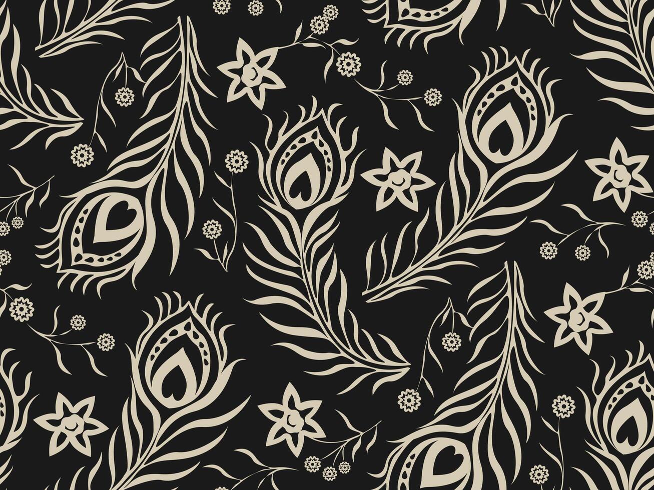 Peacock Feather Seamless Pattern Bohemian Flower Seamless Pattern Floral Hand Drawn Print Design. vector