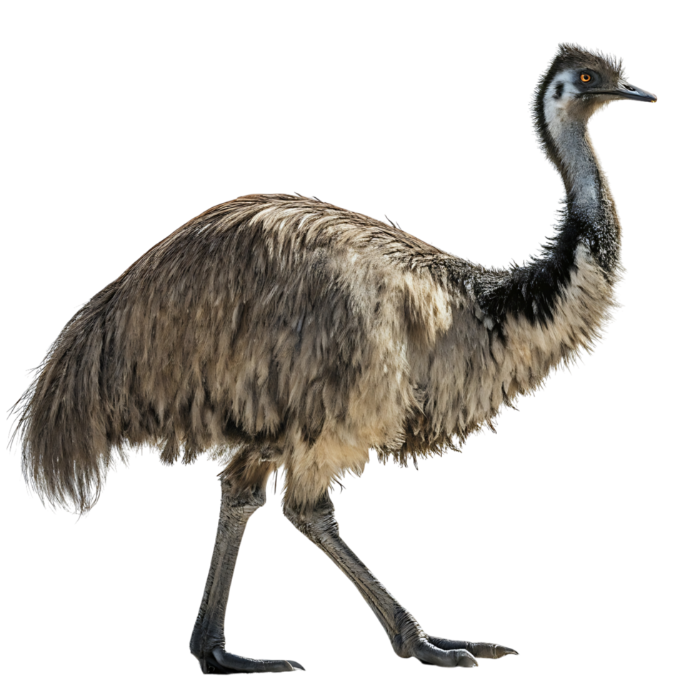 Stunning close up shot of an emu walking in a dynamic pose, its dark feathers and long legs beautifully highlighted against a Transparent background png